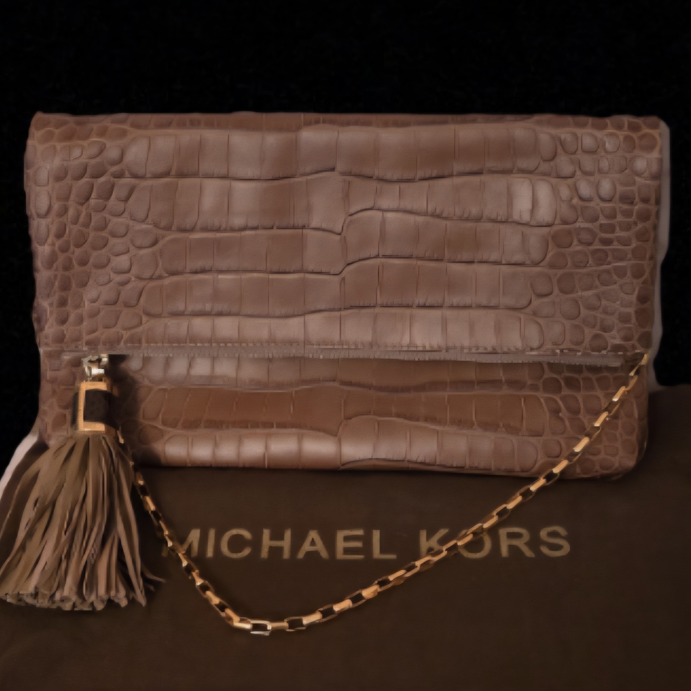 MICHAEL KORS Tan Crocodile Embossed Clutch w Gold Chain